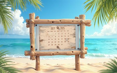 4k, 2025 July calendar, sign on the beach, summer background, 2025 summer calendars, July 2025 Calendar, 2025 concepts, July