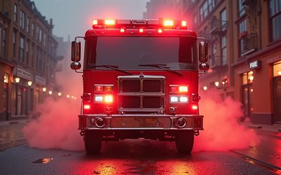 rote blinkende lichter am feuerwehrwagen, 4k, feuerlöschkonzepte, feuerwehrauto, amerikanischer feuerwehrauto, abkehr zu einem feuer, rote blinkende lichter, brandbekämpfungskonzepte
