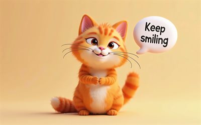 4k, lächle weiter, cartoon ingwer katze, 3d  kunst, minimalismus, sprachblasen, lächeln sie weiter, katzen, haustiere, cartoon  katzen