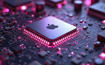 logo apple 3d, chip sulla scheda madre, luci al neon viola, logo apple, emblema di mela, retroilluminazione viola, mela