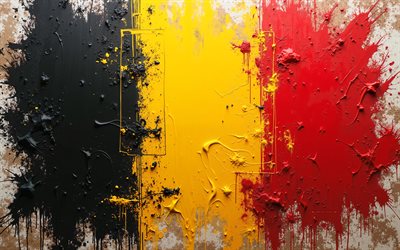 Belgian flag, 4k, Belgium flag paint splashes, grunge art, flag of Belgium, grunge background, Belgium flag, Belgium