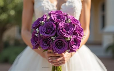rose viola in mani nuziali, bouquet nuziale, bouquet di nozze, rose viola, sposa con un bouquet, modelli di matrimonio, concetti di matrimonio, nozze