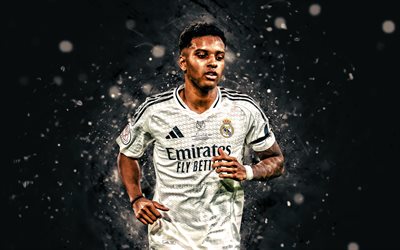 Rodrygo, 4k, white neon lights, Real Madrid, La Liga, brazilian footballers, Rodrygo 4K, football, soccer, Real Madrid CF, Rodrygo Silva de Goes, LaLiga, Rodrygo Goes, Rodrygo Real Madrid