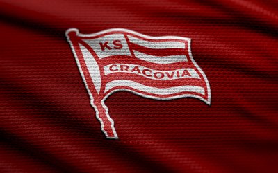 ks cracovia 직물 로고, 4k, 빨간색 직물 배경, ekstraklasa, 보케, 축구, ks cracovia 로고, ks cracovia emblem, ks cracovia, 폴란드 축구 클럽, cracovia fc