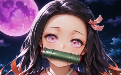 nezuko kamado, 4k, luna viola, demon slayer, kimono, avvicinamento, protagonista, demon slayer kimetsu no yaiba, bavaglio di bambù verde, manga, kamado nezuko, demon hunter, nezuko kamado kimetsu no yaiba