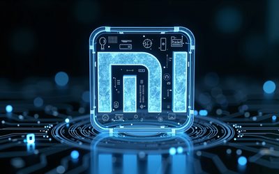 xiaomi blue neon logo, 4k, technologie blauer hintergrund, xiaomi logo, xiaomi emblem, kreative kunst, xiaomi