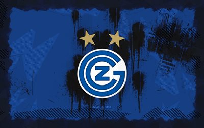 Grasshopper Club Zurich grunge logo, 4k, Swiss Super League, blue grunge background, soccer, Grasshopper Club Zurich emblem, football, Grasshopper Club Zurich logo, Grasshopper Club Zurichr, Swiss football club, Grasshopper Club Zurich FC