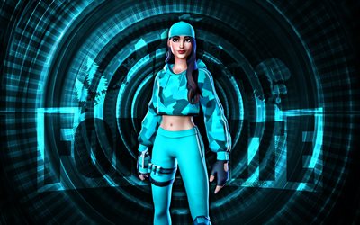Teal Ruby Fortnite, 4k, blue spiral background, Fortnite, creative, Teal Ruby Skin, Fortnite Teal Ruby Skin, Teal Ruby, Fortnite characters