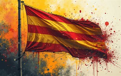 fandiera della catalogna sul pennone, catalogna di vernice spruzza la bandiera, grunge art, bandiera della catalogna, sfondo grunge, flag della catalogna, catalogna