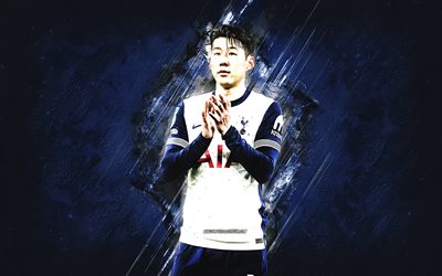 figlio heung min, tottenham hotspur, calciatore sudcoreano, tottenham, sfondo di pietra blu, grunge art, premier league, inghilterra, figlio heung min tottenham, calcio