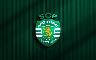 4k, sporting cp 3d  logo, primeeira liga, grüner 3d  hintergrund, fußball, sporting cp emblem, sporting cp  logo, sporting cp, liga portugal, portugiesischer fußballverein, sporting fc