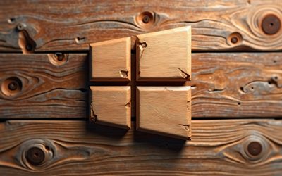 4k, Windows 10 wooden logo, bokeh, colorful wooden backgrounds, Windows 10 3D logo, artwork, creative, Windows 10 logo, OS brands, Windows 10