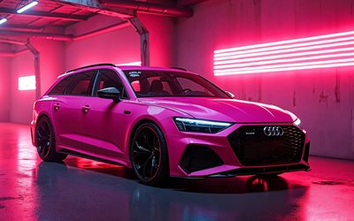 pink audi rs6 avant, 4k, cochera, sintonización, superdeportivos, arte 3d, autos alemanes, audi rs6 avant, luces de neón rosa, audi rs6 avant art, audi