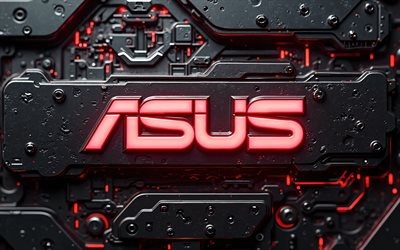 4k, asus red neon logo, マクロ, ボケ, ブラックメタルの背景, エレクトロニクスブランド, asusロゴ, クリエイティブ, asus 3dロゴ, ブランドロゴ, asus neon logo, ブランド, アサス