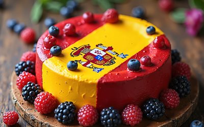 spanienflagge auf kuchen gemalt, 4k, spanienflagge, backen, spanien, kuchen mit beeren, flagge spaniens, kuchen mit der spanischen flagge, nationaltag spaniens, kuchen wie spanienflagge