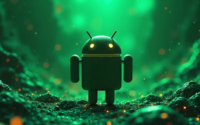 4k, android 3d  logo, vihreä hi tech tausta, android  logo, android green  robotti, luova taide, android  tunnus, androidi