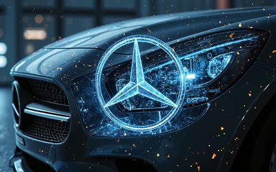 شعار مرسيدس بنز, 4k, خلفية زرقاء عالية التقنية, شعار مرسيدس بنز الأزرق نيون, ضوء النيون البرتقالي, الأشعة السينية, مرسيدس بنز شعار, mercedes benz 3d logo, مرسيدس بنز, الشعار الأزرق مرسيدس بنز