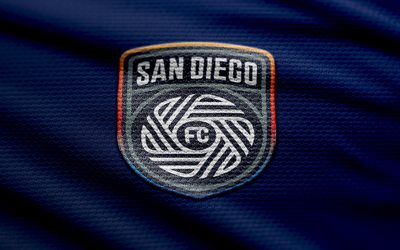 San Diego FC fabric logo, 4k, blue fabric background, MLS, bokeh, soccer, San Diego FC logo, football, San Diego FC emblem, San Diego FC, american soccer club, FC San Diego