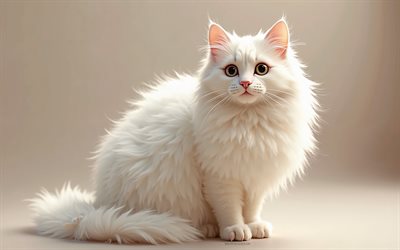 4k, süße 3d türkische angora  katze, cartoon 3d türkischer angora, süße tiere, türkische angora  katze, 3d  tiere, cartoon 3d  tiere, lustige katzen, kleine türkische angora  katze, orangefarbener hintergrund