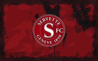 Servette FC grunge logo, 4k, Swiss Super League, red grunge background, soccer, Servette FC emblem, football, Servette FC logo, Servette FC, Swiss football club, FC Servette