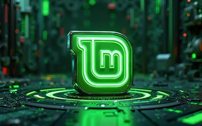 logo 3d linux mint, fond vert hi tech, logo linux mint, emblème de la menthe linux, art de la menthe linux, linux