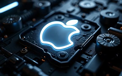 logo neon white apple, 4k, sfondo hi tech nero, microcircuits, conduttori, marchi elettronici, creativo, logo apple su microcircuit, marchi, logo astratto di apple, opera d'arte, logo apple, mela
