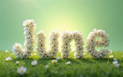 4k, junio, arte 3d, letras florales blancas, creativo, fondo abstracto verde, conceptos de junio, nombres de meses, inscripción de junio, palabra de junio, antecedentes con junio