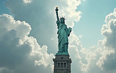 雲の中の自由の像, 4k, アメリカのシンボル, 自由の女神, ニューヨーク, アメリカ合衆国, 7月4日, リバティ島, ニューヨーク市