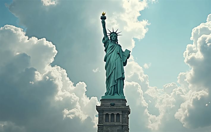 雲の中の自由の像, 4k, アメリカのシンボル, 自由の女神, ニューヨーク, アメリカ合衆国, 7月4日, リバティ島, ニューヨーク市