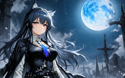 4k, texas, lune bleue, nuit, arknights, personnages d'anime, manga, texas l'omertosa, personnages arknights, texas arknights