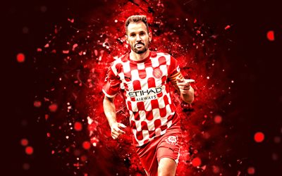 Cristhian Stuani, 4k, red neon lights, Girona, La Liga, Uruguayan footballers, Cristhian Stuani 4K, football, soccer, LaLiga, Girona FC, Cristhian Stuani Girona