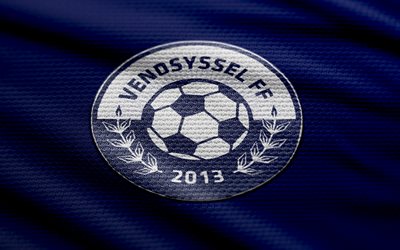 Vendsyssel FF fabric logo, 4k, blue fabric background, Danish 1st Division, bokeh, soccer, Vendsyssel FF logo, football, Vendsyssel FF emblem, Vendsyssel FF, Danish football club, Vendsyssel FC