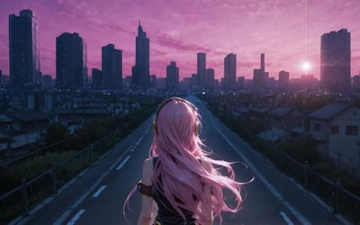 4k, megurine luka, paesaggio urbano di skyline, cv03, vocaloide, star rosa, nighscape, capelli rosa, vocaloid 03, arte astratta, serie vocali del personaggio, luka megurine, personaggi vocaloidi, megurine luka vocaloid