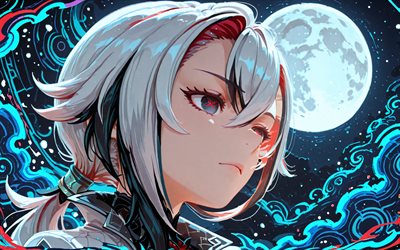4k, arlecchino, arte astratta, impatto di genshin, avvicinamento, luna, occhi rossi, personaggi anime, opera d'arte, notte, personaggi di genshin impact, impatto di genshin di arlecchino