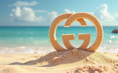 グッチのロゴ, 4k, 夏, 砂で作られたグッチのロゴ, ビーチ, 3d gucciロゴ, 砂, グッチのエンブレム, グッチ