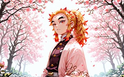 4k, kyojuro rengoku, primavera, kimono, kimetsu no yaiba, fiori di ciliegio, samurai, sakura, manga, protagonista, rengoku kyojuro, demon slayer corps, demon slayer, kyojuro regoku kimetsu no yaiba
