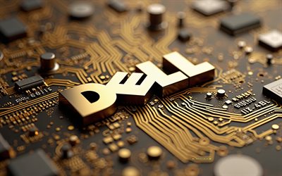 Dell 3d gold logo, 4k, golden motherboard, Dell logo, Dell emblem, gold technology background, Dell
