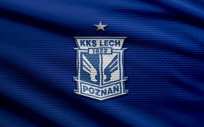 Lech Poznan fabric logo, 4k, blue fabric background, Ekstraklasa, bokeh, soccer, Lech Poznan logo, football, Lech Poznan emblem, Lech Poznan, polish football club, Lech Poznan FC