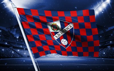4k, sd huesca logo, spanischer fußballverein, stadionflagge, sd huesca  fans flagge, rote blaue flagge, sd huesca emblem, segunda, spanien, fußball, sd huesca