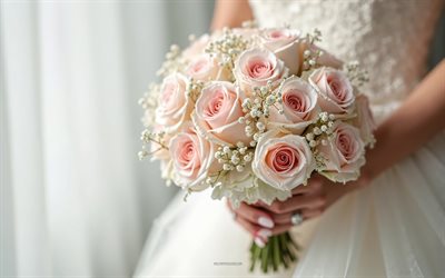 rose rosa bianche in mani nuziali, bouquet nuziale, bouquet di nozze, concetti di matrimonio, rose bianche e rosa, bouquet di rose, sposa, rose rosa