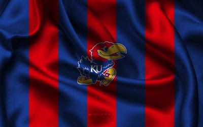 4k, Kansas Jayhawks logo, red blue silk fabric, American football team, Kansas Jayhawks emblem, NCAA, Kansas Jayhawks, USA, American football, Kansas Jayhawks football, National Collegiate Athletic Association