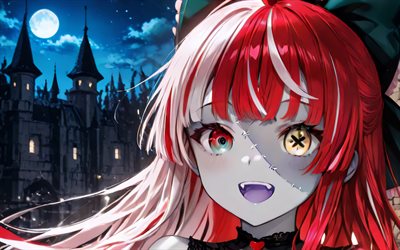 4k, クレイジ・オリー, 夜, 城, 仮想youtuber, vtuber, ゾンビ, 肖像画, ホロリーブ, 閉じる, ヘテロクロミア, 漫画, kureiji ollie channel