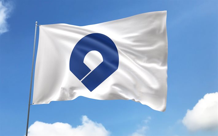Wakayama flag on flagpole, 4K, Japanese prefectures, blue sky, flag of Wakayama, wavy satin flags, Wakayama flag, Prefectures of Japan, flagpole with flags, Day of Wakayama, Japan, Wakayama