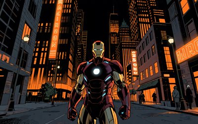 4k, Iron Man, comics art, superheroes, Marvel Comics, nightscape, abstract art, Iron Man art, fan art, Iron Man 4K