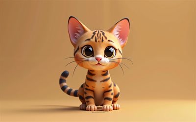 4k, süße 3d  bengal  katze, cartoon 3d bengal katze, süße tiere, bengalische katze, 3d  tiere, cartoon 3d  tiere, lustige bengalische katze, kleine bengalische katze, orangefarbener hintergrund