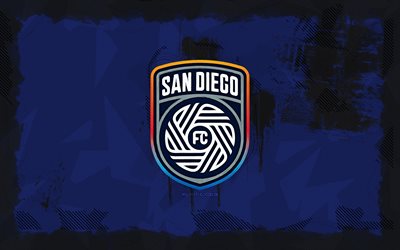 San Diego FC grunge logo, 4k, MLS, blue grunge background, soccer, San Diego FC emblem, football, San Diego FC logo, american soccer club, FC San Diego
