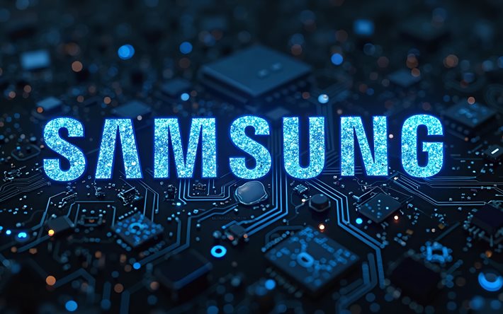 samsung blue glitterロゴ, 4k, 黒いハイテク背景, マイクロサーキット, 導体, エレクトロニクスブランド, クリエイティブ, マイクロサーキットのサムスンロゴ, ブランド, samsung abstract logo, アートワーク, サムスンのロゴ, サムスン