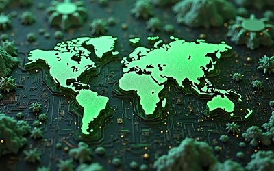 green world map, 4k, technology art, green background, world map concepts, digital art, background with a green world map, 3d world map