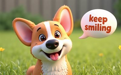 4k, lächle weiter, bokeh, cartoon corgi, sprachblasen, rasen, lächeln sie weiter, corgi, lächelnder corgi, 3d  kunst, hunde, haustiere, zeichentrickhunde, lächelte weiter