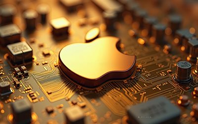 Apple golden 3d logo, 4k, golden motherboard, Apple logo, creative art, Apple emblem, golden technology background, Apple 3d logo, Apple